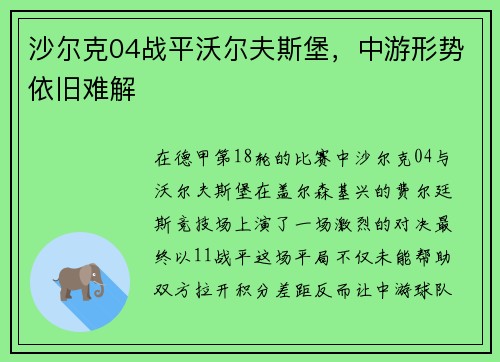 沙尔克04战平沃尔夫斯堡，中游形势依旧难解