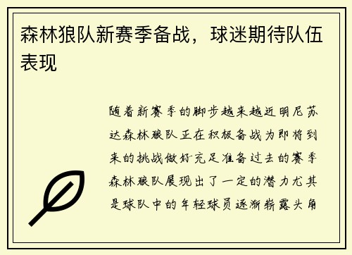 森林狼队新赛季备战，球迷期待队伍表现